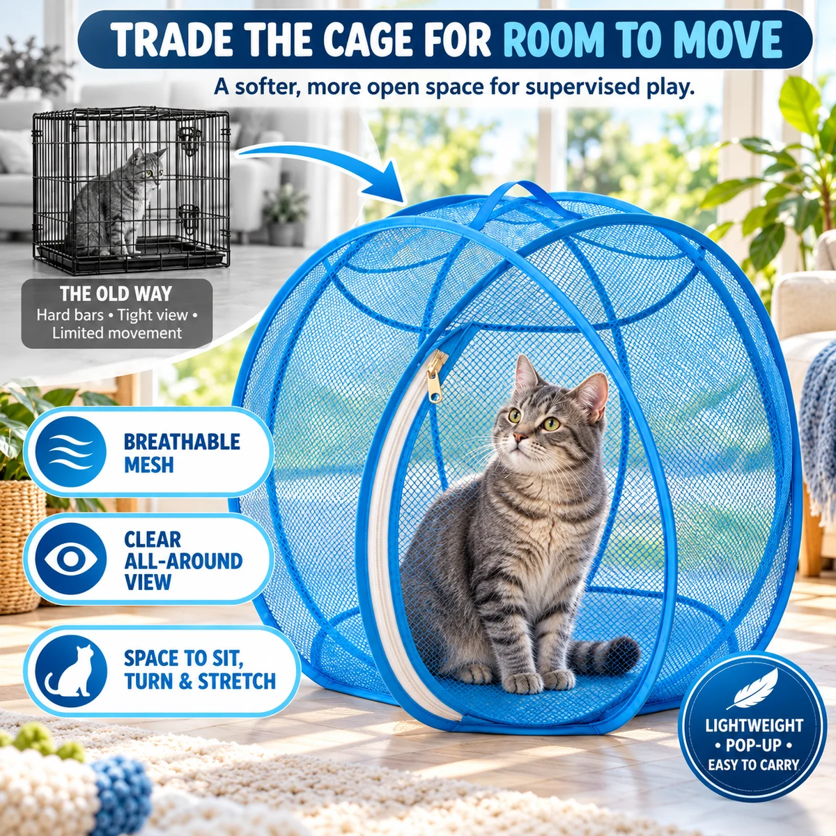 Foldable Pop Up Mesh Cat Playpen, 27.5in Portable Spherical Pet Enclosure, Safe Outdoor Play Tent for Cats Small Dogs Rabbits Guinea Pigs