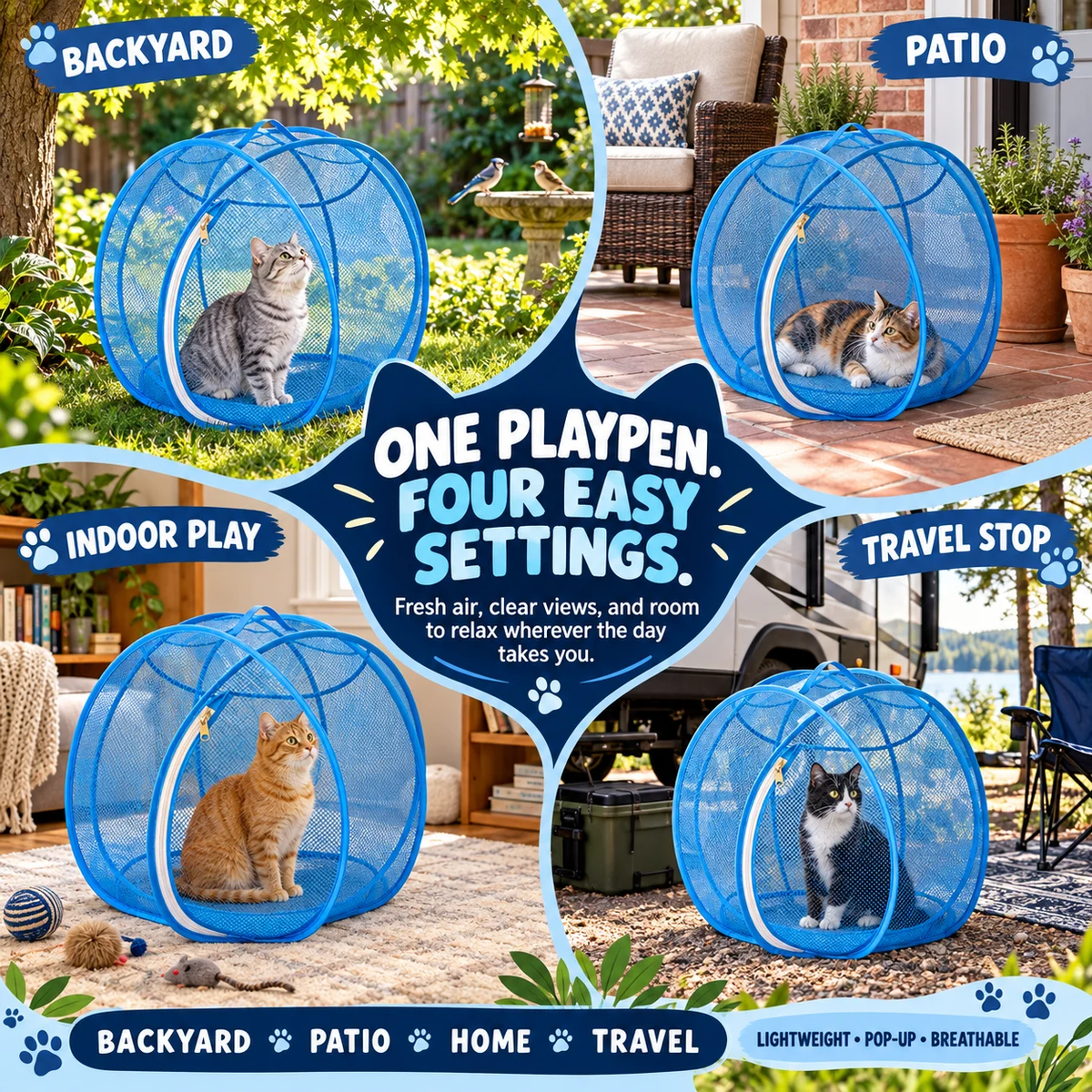 Foldable Pop Up Mesh Cat Playpen, 27.5in Portable Spherical Pet Enclosure, Safe Outdoor Play Tent for Cats Small Dogs Rabbits Guinea Pigs