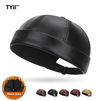 TYII™ Men's Winter Leather-Look Docker Hat – Warm Fleece-Lined Brimless Cap, Adjustable Vintage Beanie