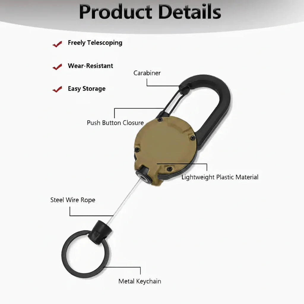 Heavy-Duty Retractable Carabiner Keychain – 65cm Steel Lanyard, 100K Pull Cycles