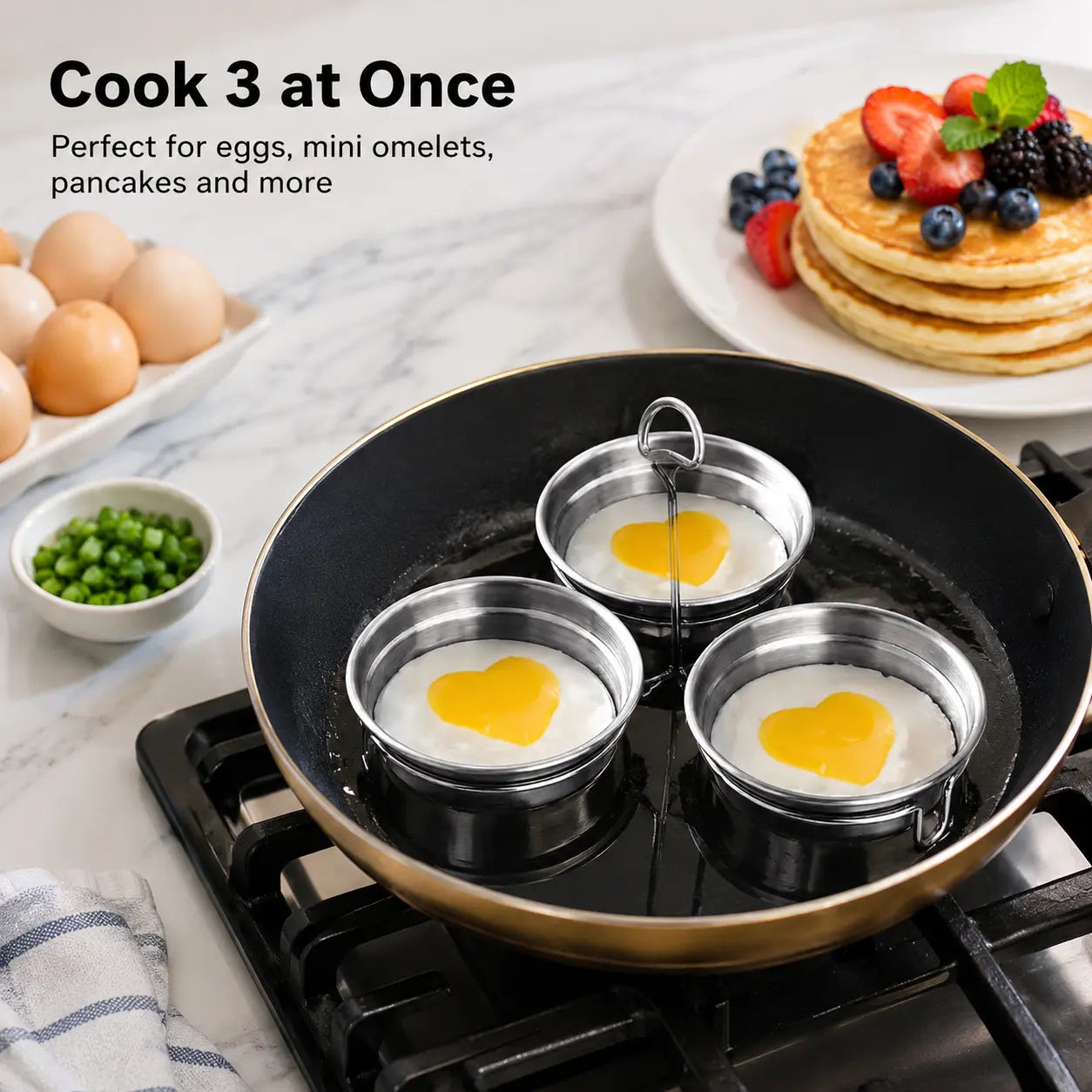 3-Cup Stainless Steel Egg Poacher with Handle, Steamed Egg Mold