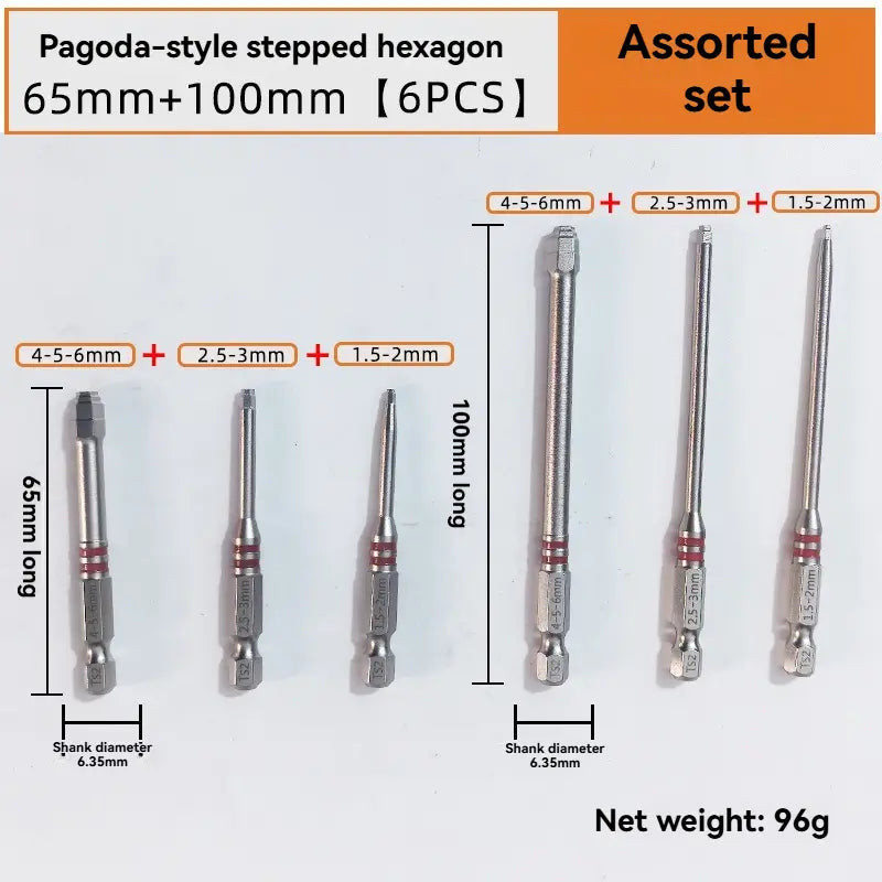 TYIIPLUS™ 6PCS S2 Alloy Steel Magnetic Screwdriver Bits Set – Pagoda Hex Shank Drill Bit Set