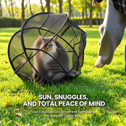Foldable Pop Up Mesh Cat Playpen, 27.5in Portable Spherical Pet Enclosure, Safe Outdoor Play Tent for Cats Small Dogs Rabbits Guinea Pigs