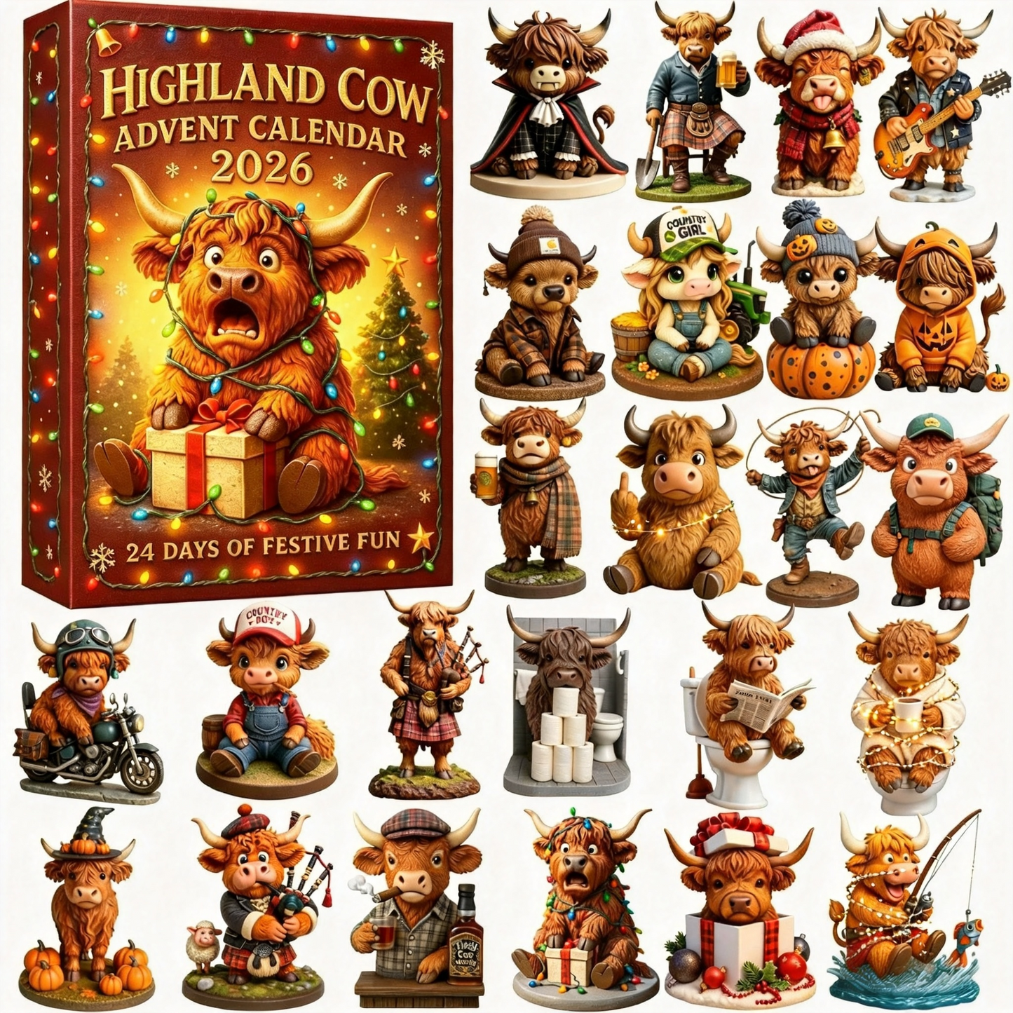 Highland Cow Advent Calendar 2026 – 24-Day Christmas Countdown with Cute Highland Cow Figurines