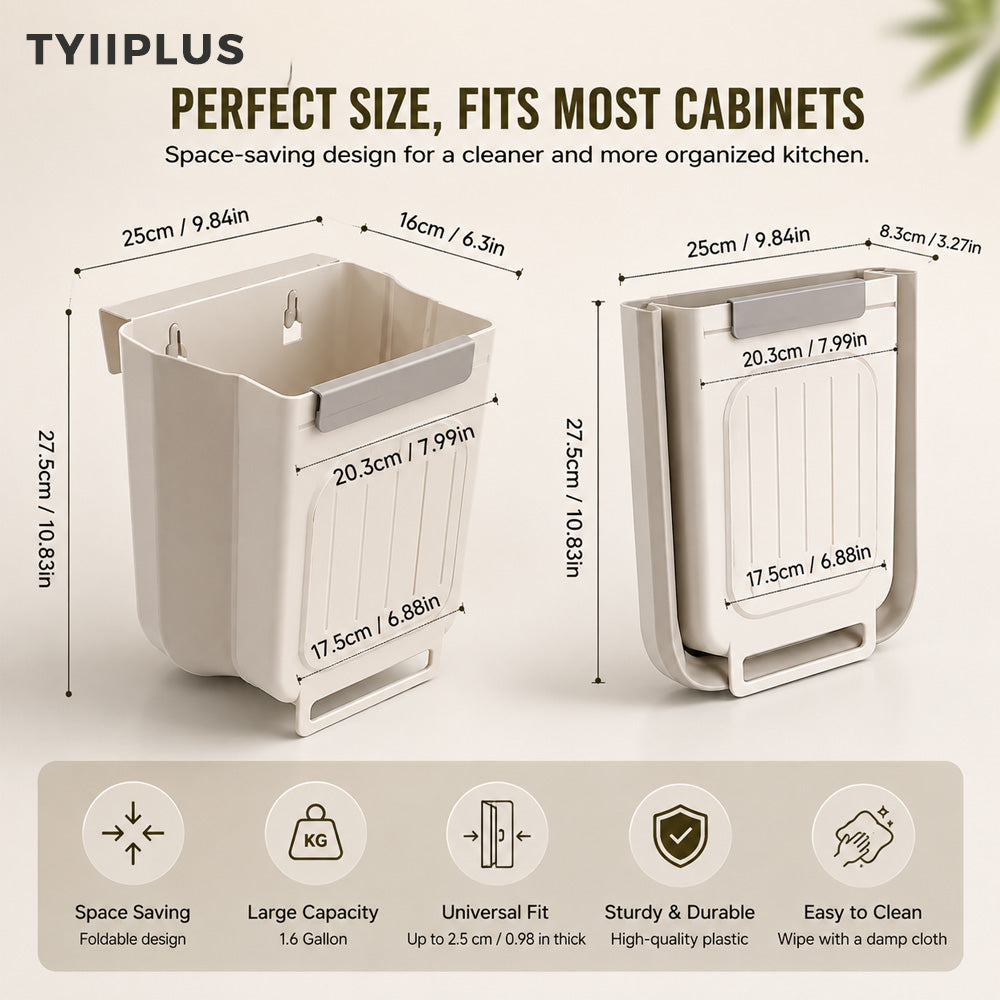 TYIIPLUS™ Foldable Hanging Trash Can, 1.6 Gallon Kitchen Cabinet Door Garbage Bin with Scraper, Space-Saving Waste Container for RV, Car & Camping