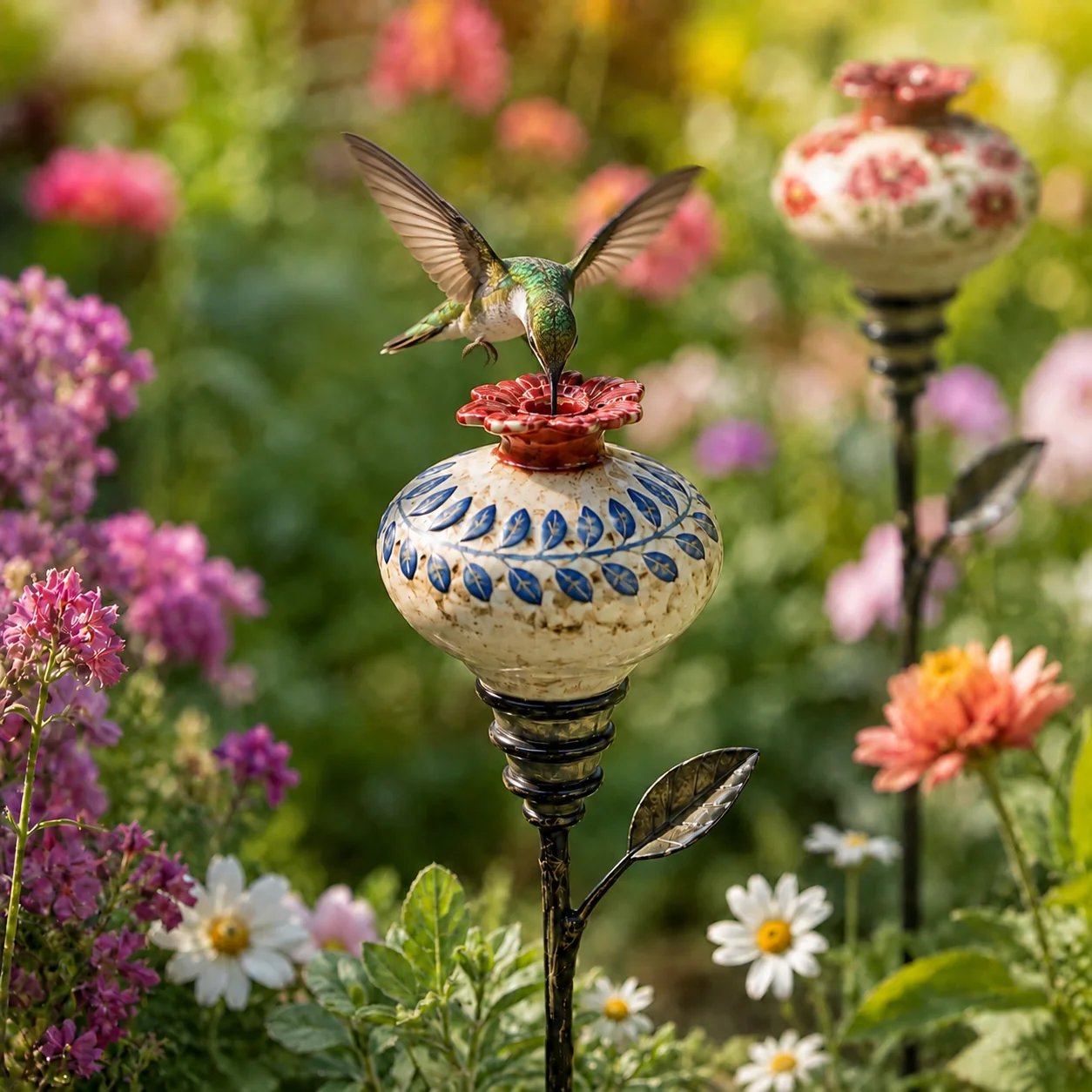 🌺 Vintage Ceramic Hummingbird Feeder Garden Stake — Handcrafted Floral Bird Feeder Decoration