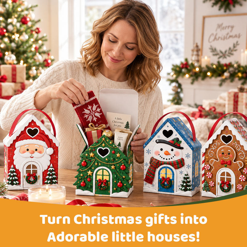 Christmas Cottage Gift Box with Handle – Festive House-Shaped Holiday Packaging