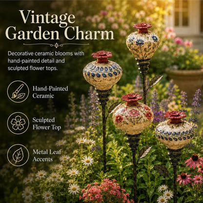 🌺 Vintage Ceramic Hummingbird Feeder Garden Stake — Handcrafted Floral Bird Feeder Decoration