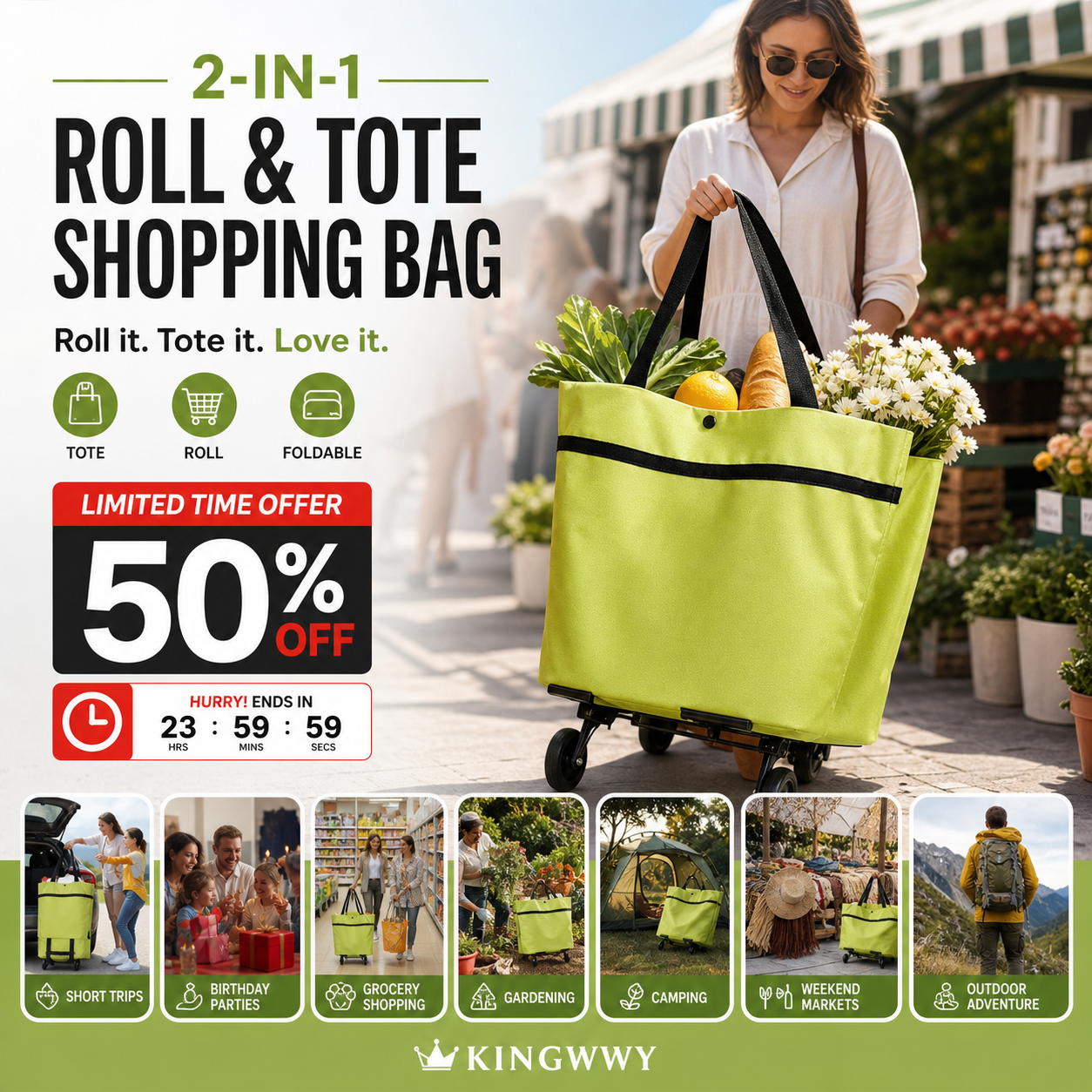 🔥HOT SALE 50% OFF🔥2-in-1 Foldable Shopping Cart Bag with Wheels – Reusable Rolling Grocery Tote