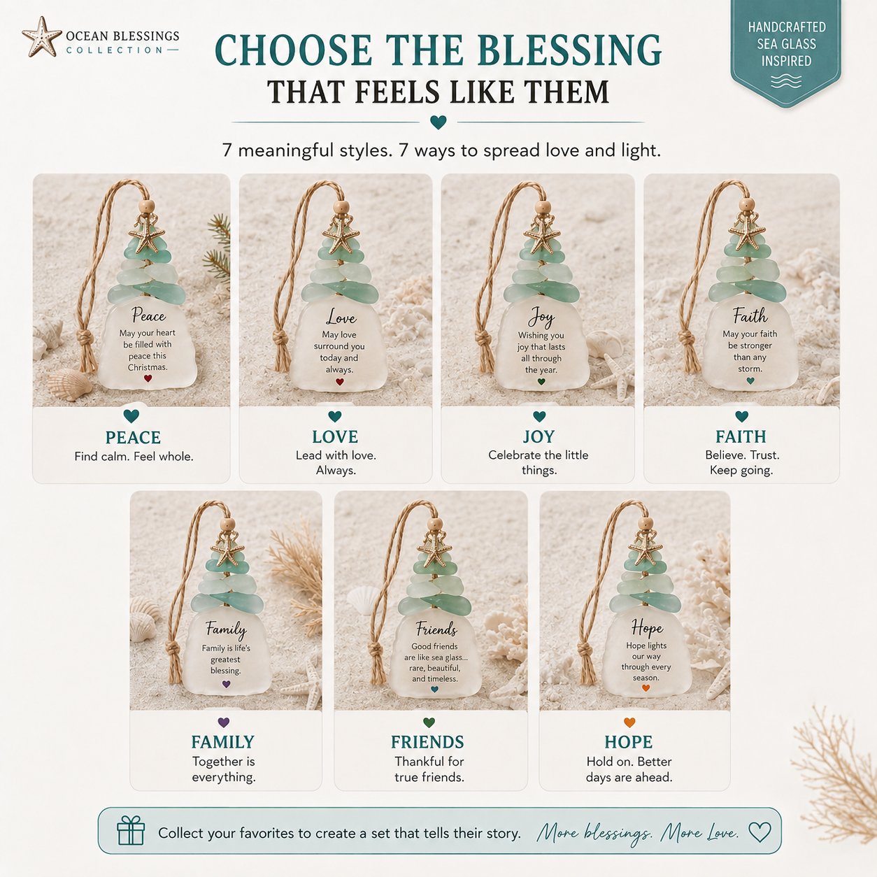 🌊Ocean Blessings™ Sea Glass Christmas Ornaments – Peace, Love, Joy, Faith, Family, Friends & Hope