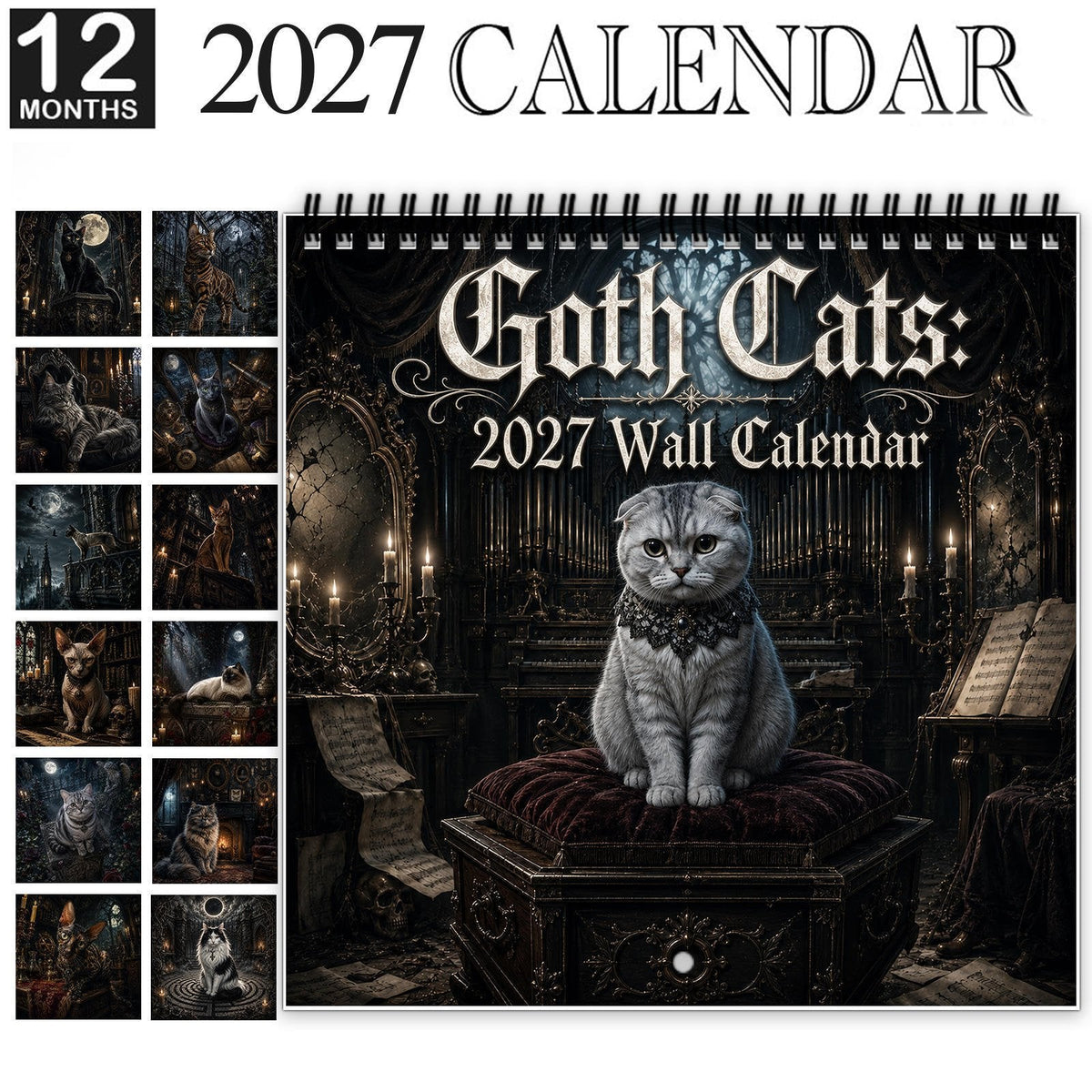 🐈‍⬛2027 Gothic Cat Wall Calendar – Dark & Mystical Cat Art Calendar for Home Decor & Cat Lovers