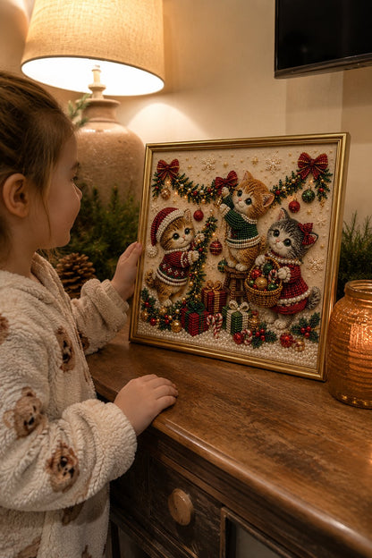 🎄🐾Premium 3D Pearl Christmas Kitty Art Kit | Luxury Flocked Canvas with Scratch-Resistant Non-Fading Pearl Beads DIY Holiday Decor 🎅🐱❄️