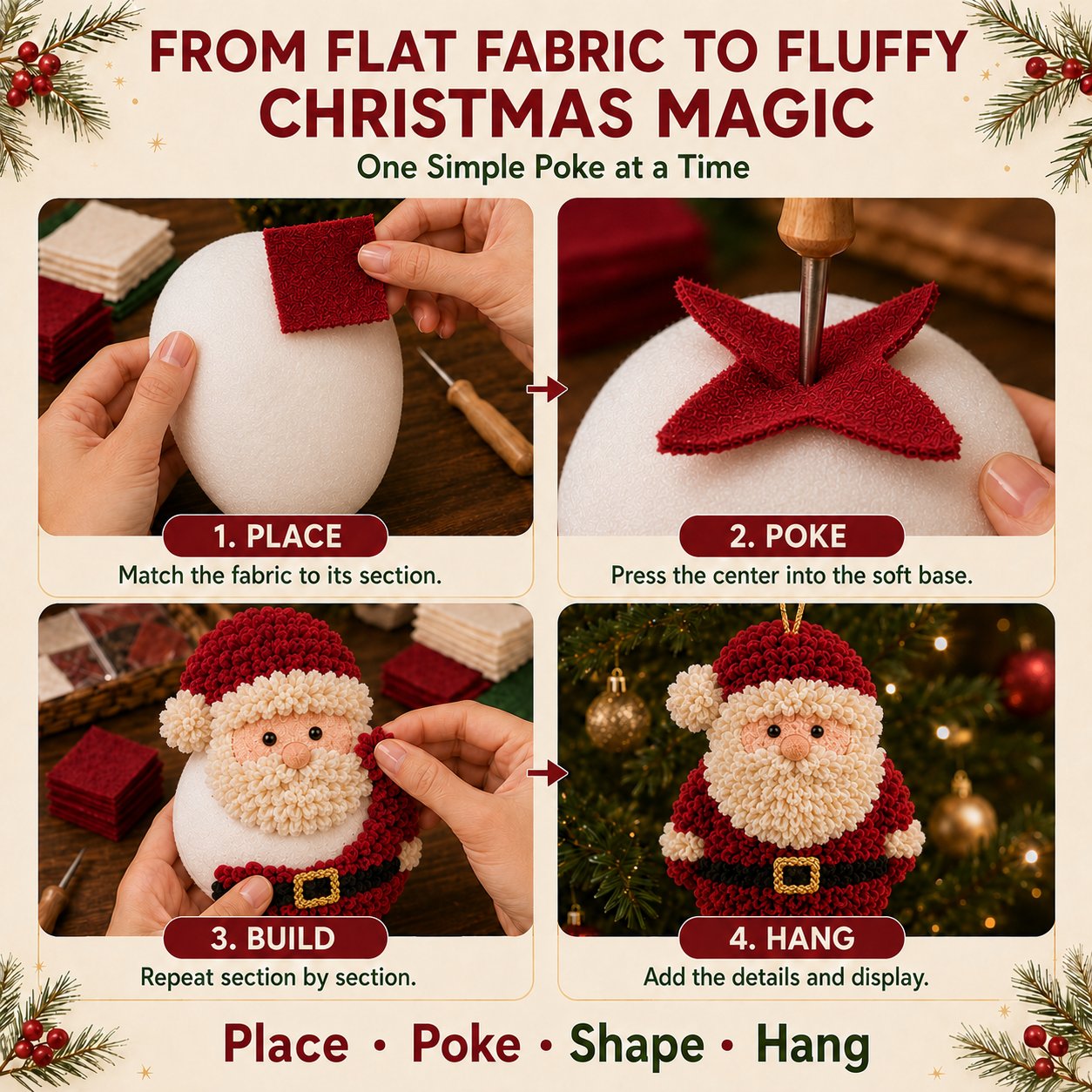 🎄Beginner-Friendly 3D Fabric Poke Christmas Ornament DIY Kit Collection | Complete Kit with Pre-Cut Fabrics, Stuffed Felt Base, Poking Tool & Step-by-Step Guide Included 💕