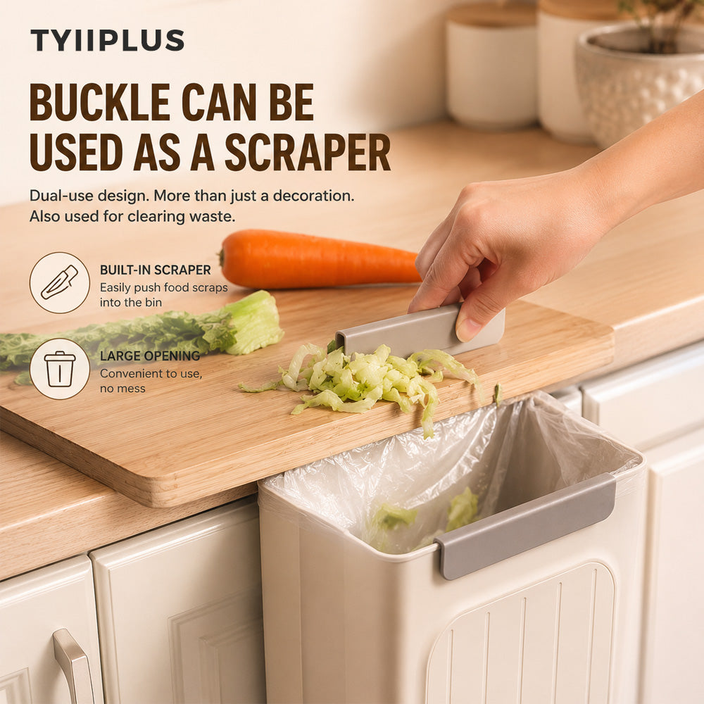 TYIIPLUS™ Foldable Hanging Trash Can, 1.6 Gallon Kitchen Cabinet Door Garbage Bin with Scraper, Space-Saving Waste Container for RV, Car & Camping