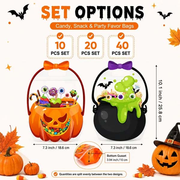 🎃 Halloween Treat & Goodie Bags with Handles (Poison Cauldron & Pumpkin Designs) 🍬👻