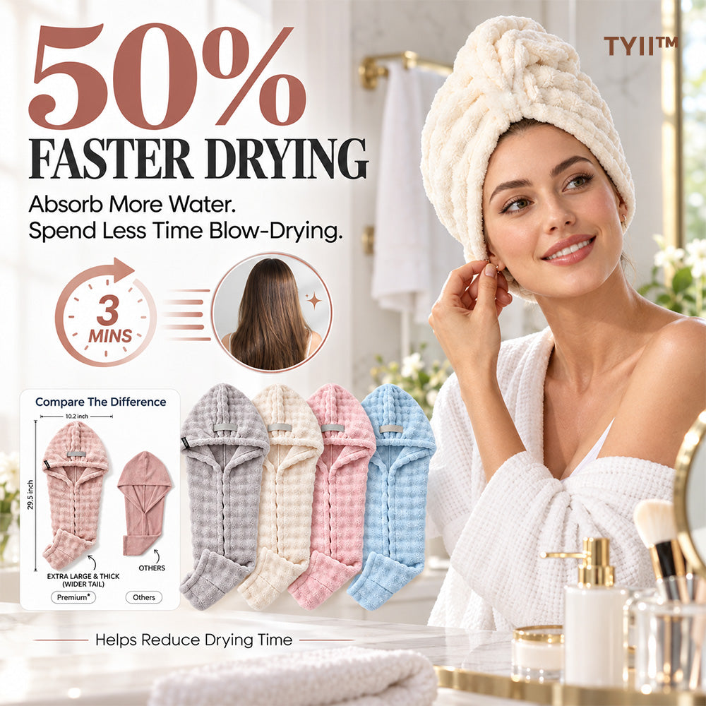 TYII™ Extra-Large 4-Corner Hair Drying Towel Wrap – Extra-Long Thick Microfiber Hair Cap for Long & Thick Hair