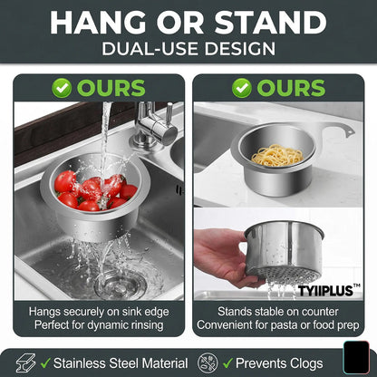 TYIIPLUS™ Stainless Steel Sink Strainer Basket, Multifunctional Hanging & Countertop Colander for Washing, Draining & Food Prep