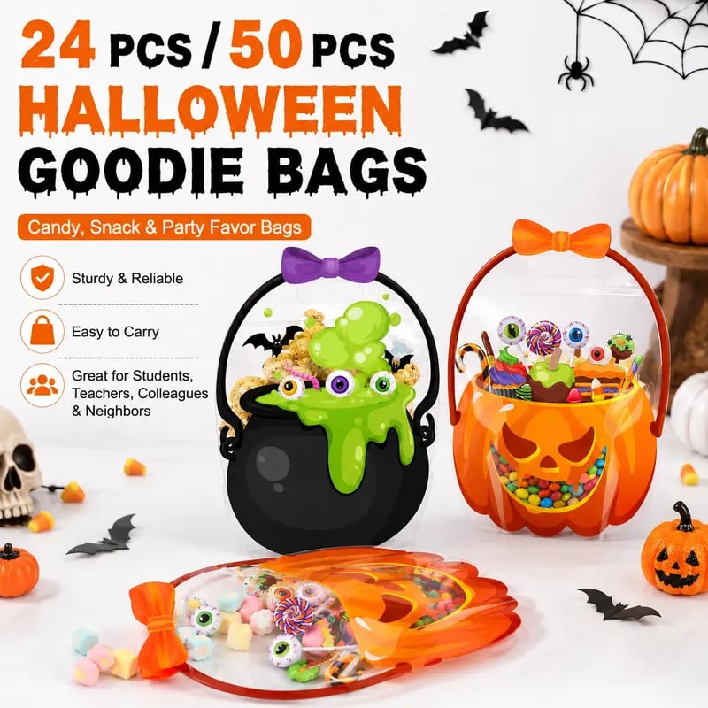 🎃 Halloween Treat & Goodie Bags with Handles (Poison Cauldron & Pumpkin Designs) 🍬👻