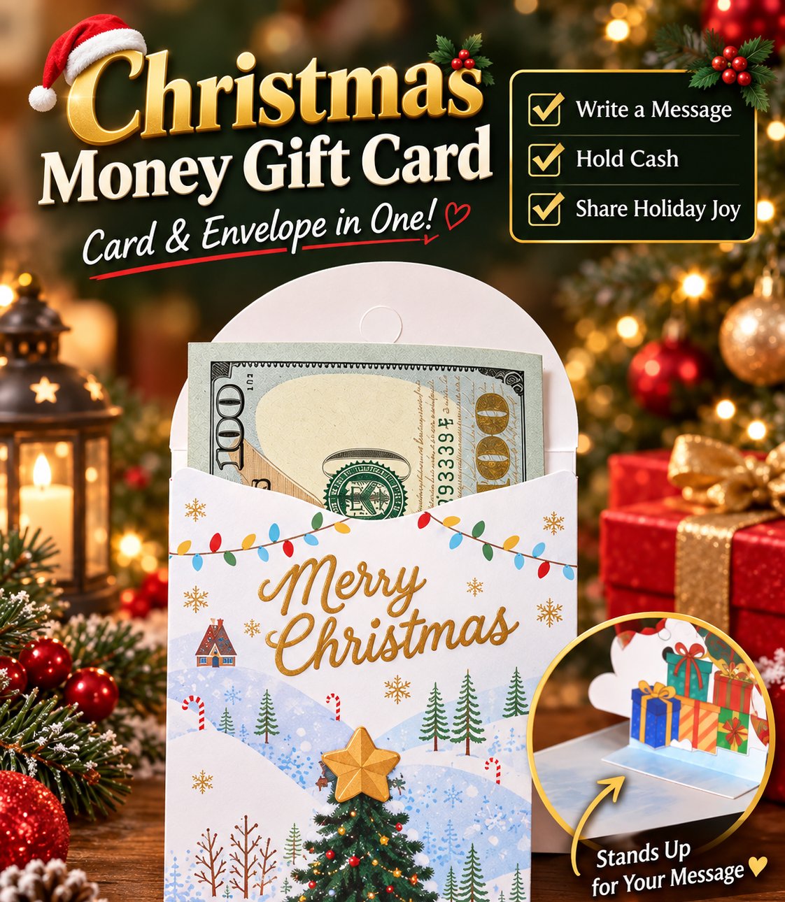 🎄Handmade 3D Christmas Money Card – Pop-Up Holiday Card with Cash Envelope & Message Space 💌✍💵