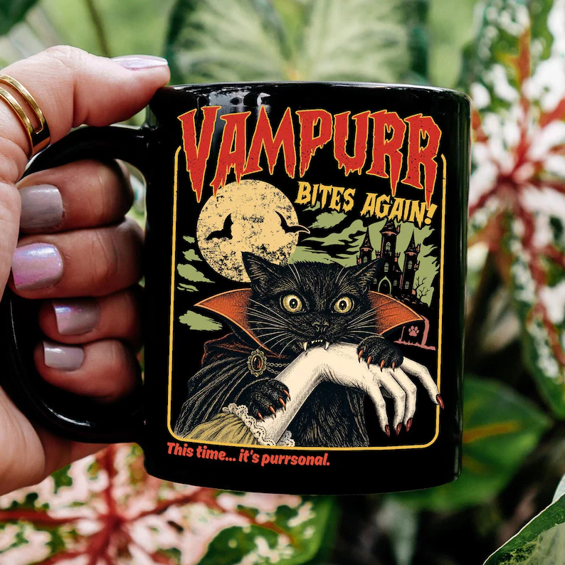 TYII™ 11oz Vampurr Cat Halloween Mug – Funny Vampire Black Cat Coffee Mug, Spooky Gothic Gift for Cat Lovers