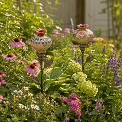 🌺 Vintage Ceramic Hummingbird Feeder Garden Stake — Handcrafted Floral Bird Feeder Decoration
