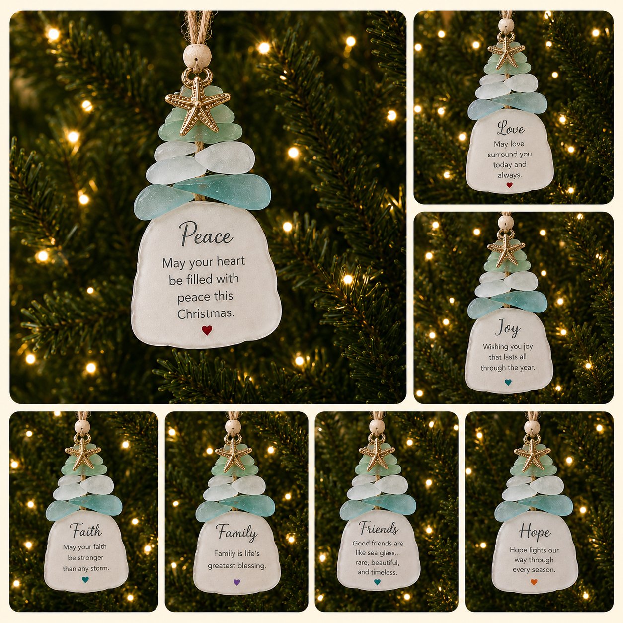 🌊Ocean Blessings™ Sea Glass Christmas Ornaments – Peace, Love, Joy, Faith, Family, Friends & Hope