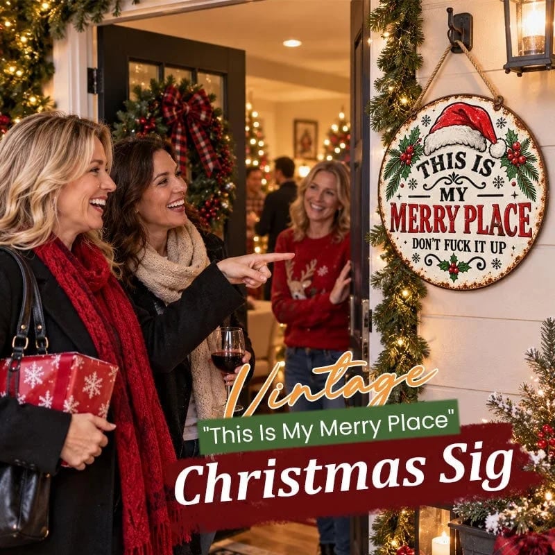🎄🏡This Is My Merry Place — Vintage Christmas Hanging Sign with Santa Hat & Holly