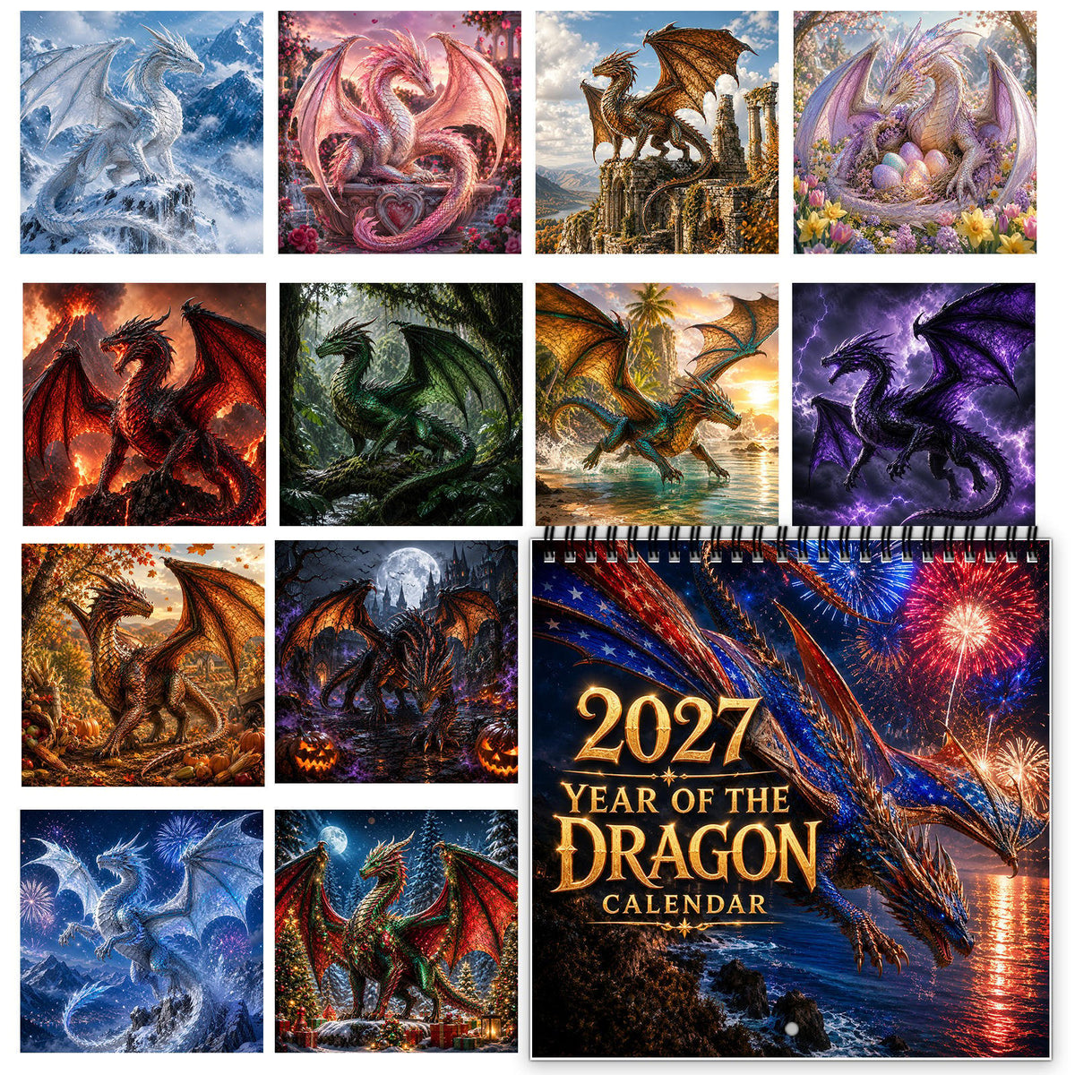 🐉2027 Dragon Wall Calendar - 12-Month Spiral Planner With Notes