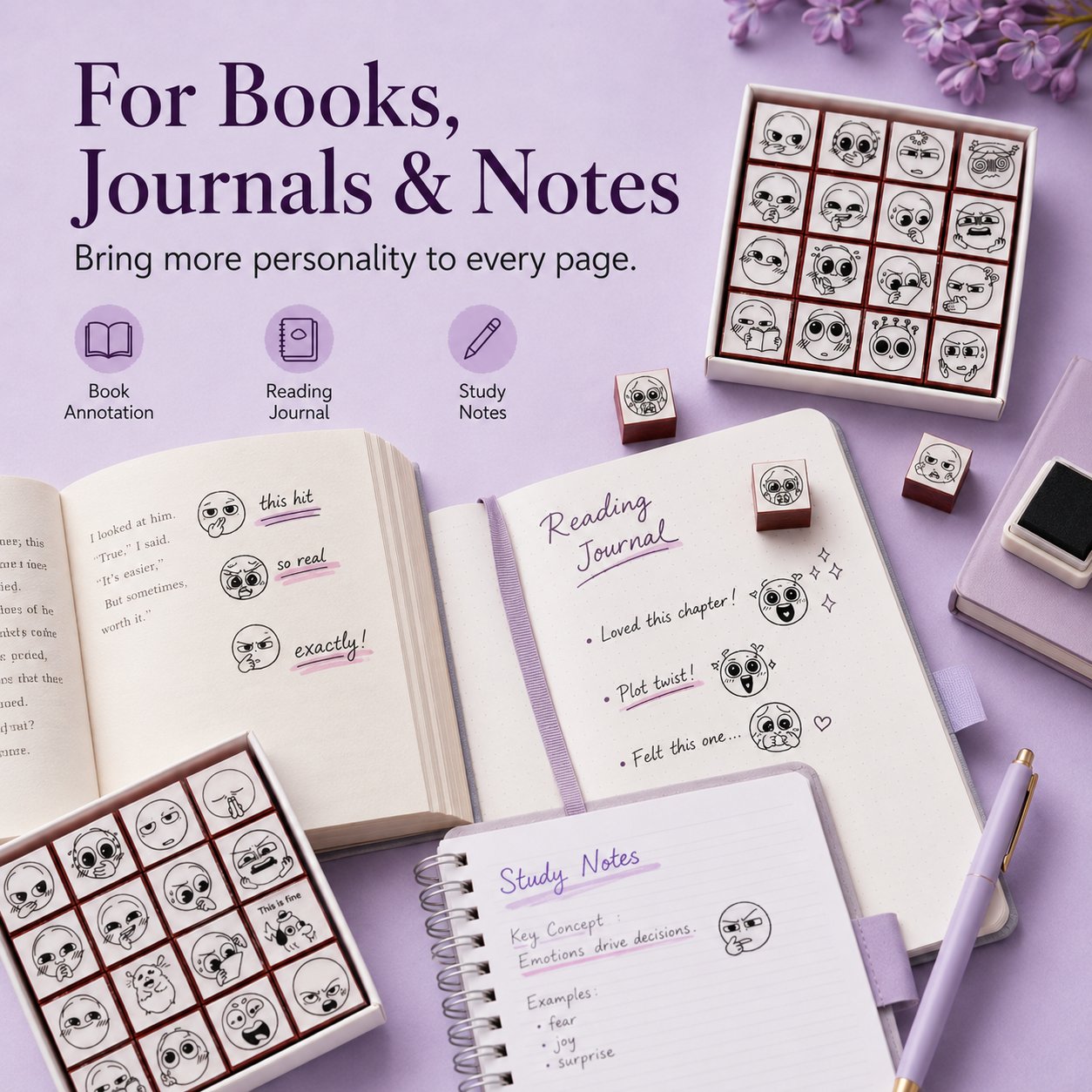 📚 Expression Reaction Stamp Set – Cute Book Annotation Stamps for Readers & Journaling