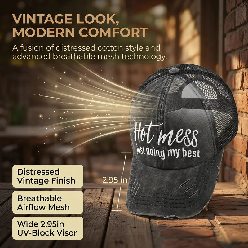 Ponytail Mesh Baseball Cap – Open Back Breathable Washed Vintage Hat