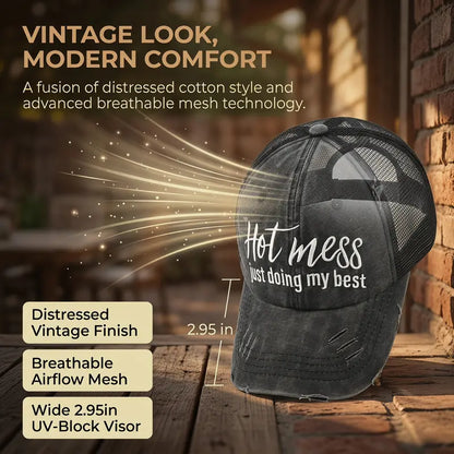 Ponytail Mesh Baseball Cap – Open Back Breathable Washed Vintage Hat