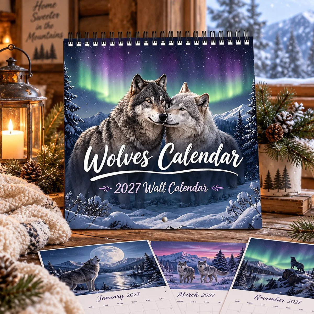 Wolves Calendar 2027 Wall Calendar – Northern Lights Wolf Calendar, Snow Mountain Wildlife Decor, Gift for Wolf Lovers