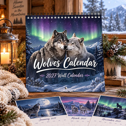 Wolves Calendar 2027 Wall Calendar – Northern Lights Wolf Calendar, Snow Mountain Wildlife Decor, Gift for Wolf Lovers