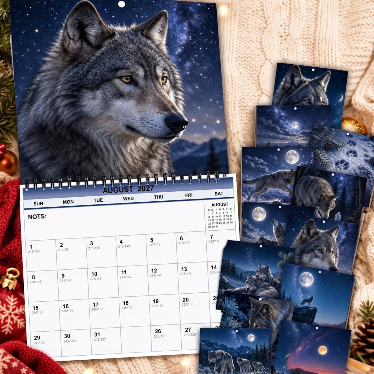 Wolves Calendar 2027 Wall Calendar – Northern Lights Wolf Calendar, Snow Mountain Wildlife Decor, Gift for Wolf Lovers