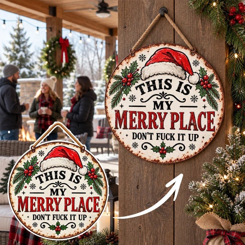 🎄🏡This Is My Merry Place — Vintage Christmas Hanging Sign with Santa Hat & Holly