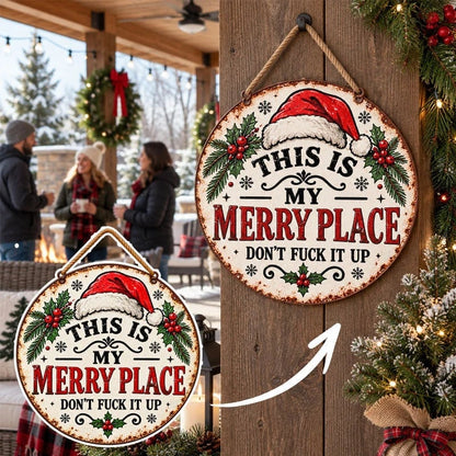 🎄🏡This Is My Merry Place — Vintage Christmas Hanging Sign with Santa Hat & Holly
