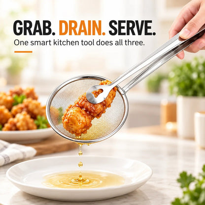 🔥Tyiiplus™ 2-in-1 Stainless Steel Strainer Tongs – Grab, Drain & Serve with One Tool