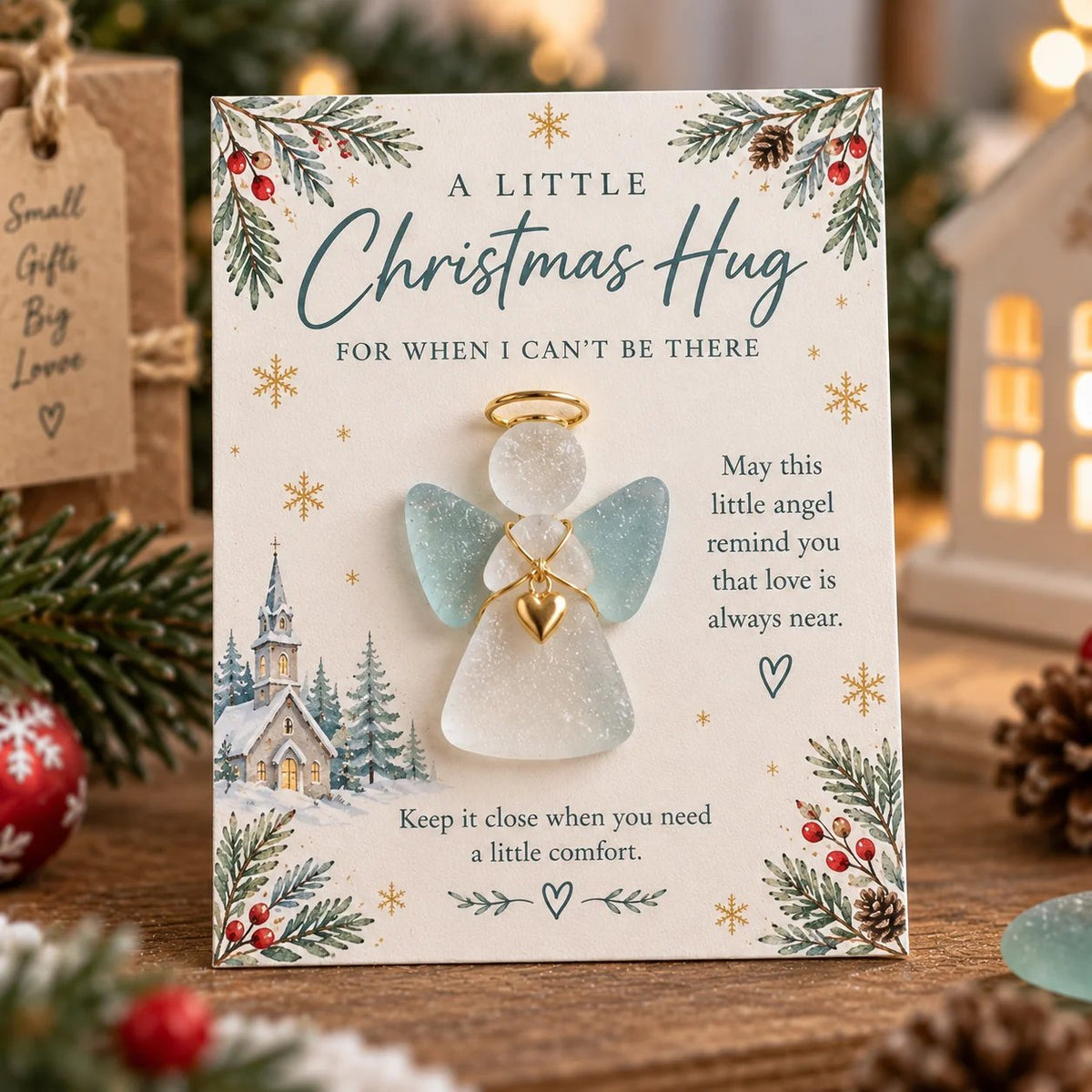 A Little Christmas Hug™ Sea Glass Keepsake Card – Handmade Holiday Gift With A Touch Of Love