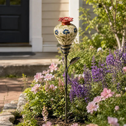 🌺 Vintage Ceramic Hummingbird Feeder Garden Stake — Handcrafted Floral Bird Feeder Decoration