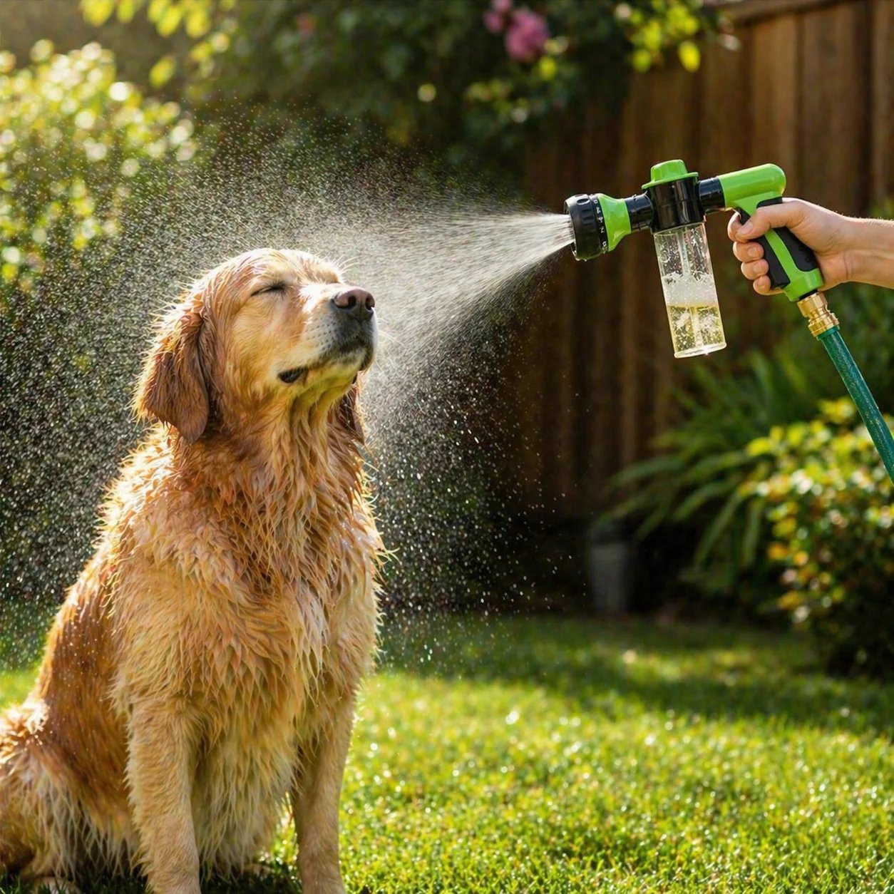 Pet Bath Spray Gun with Built-in Shampoo Dispenser | 8 Adjustable Spray Modes | Fits Standard 3/4" Garden Hose