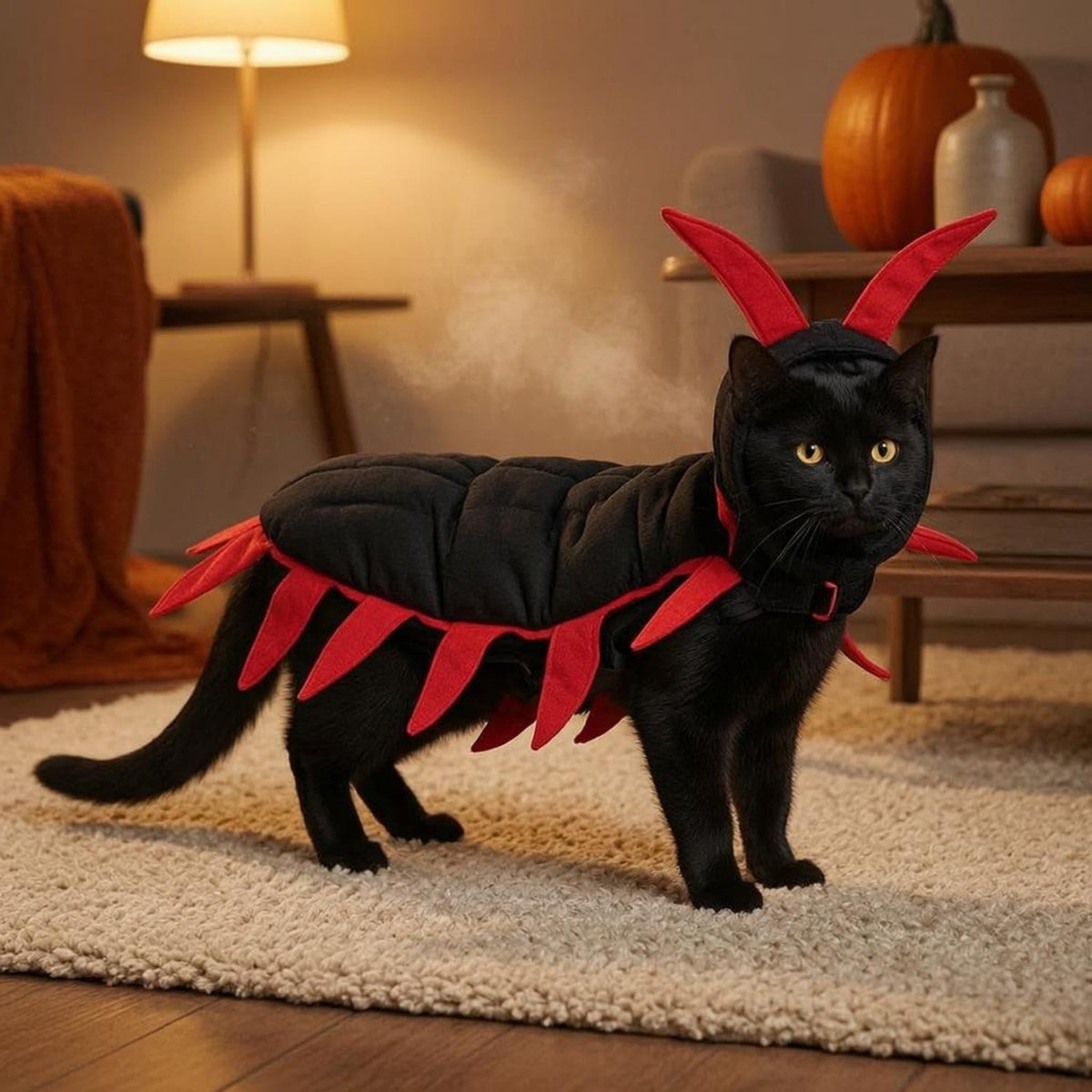 🐱 Funny Centipede Cat Costume – Black-Red Padded Hooded Halloween Pet Outfit for Photos &amp; Dress-Up