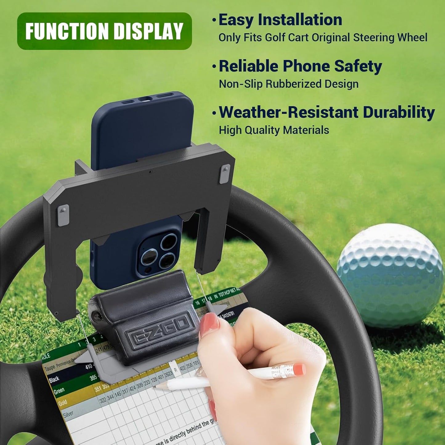 ⛳ Clip-On Phone Holder for Golf Cart Steering Wheel – Quick Install & Firm Grip