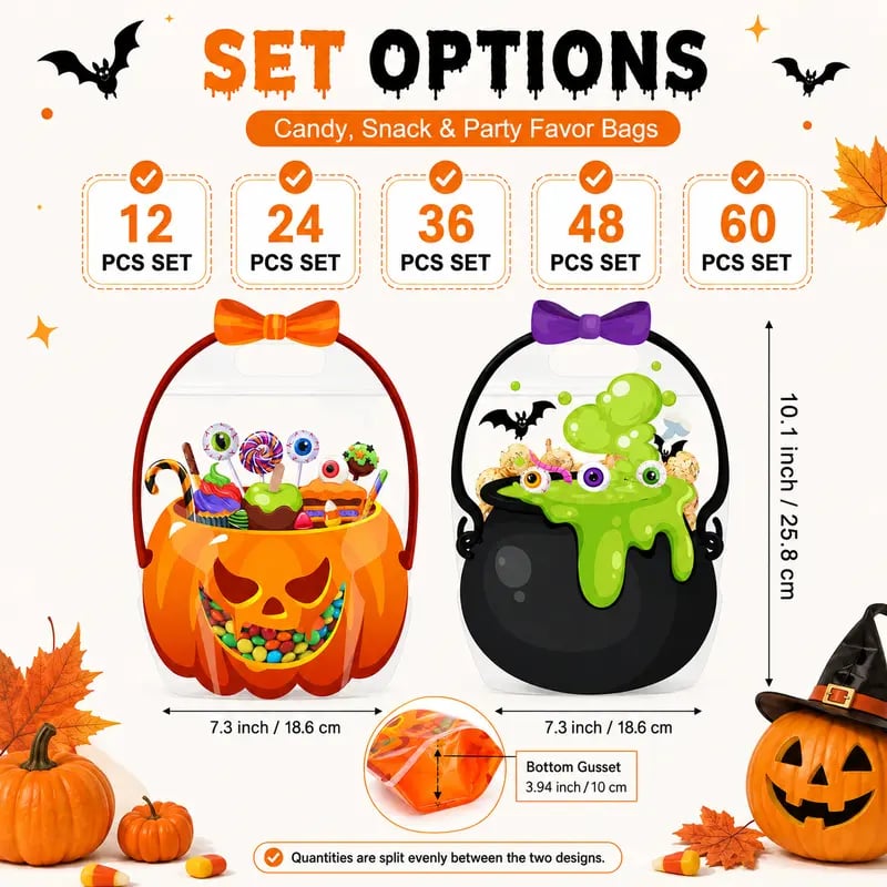 🎃 Halloween Treat & Goodie Bags with Handles (Poison Cauldron & Pumpkin Designs) 🍬👻