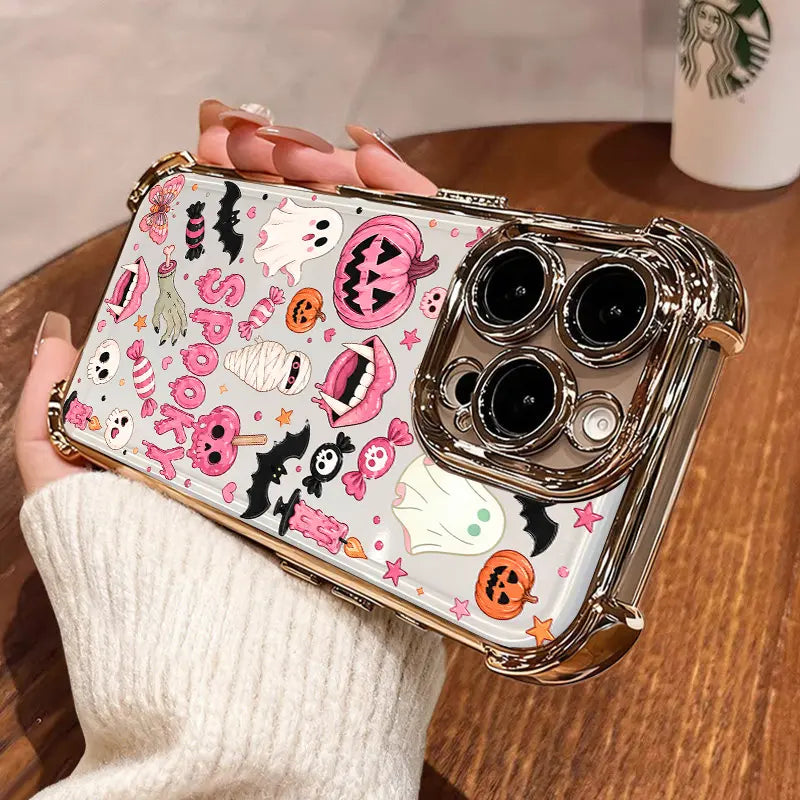 TYIIPLUS™ Halloween Candy Ghost Phone Case – Cute Spooky Pumpkin & Ghost Design, Clear Shockproof Case for iPhone & Galaxy