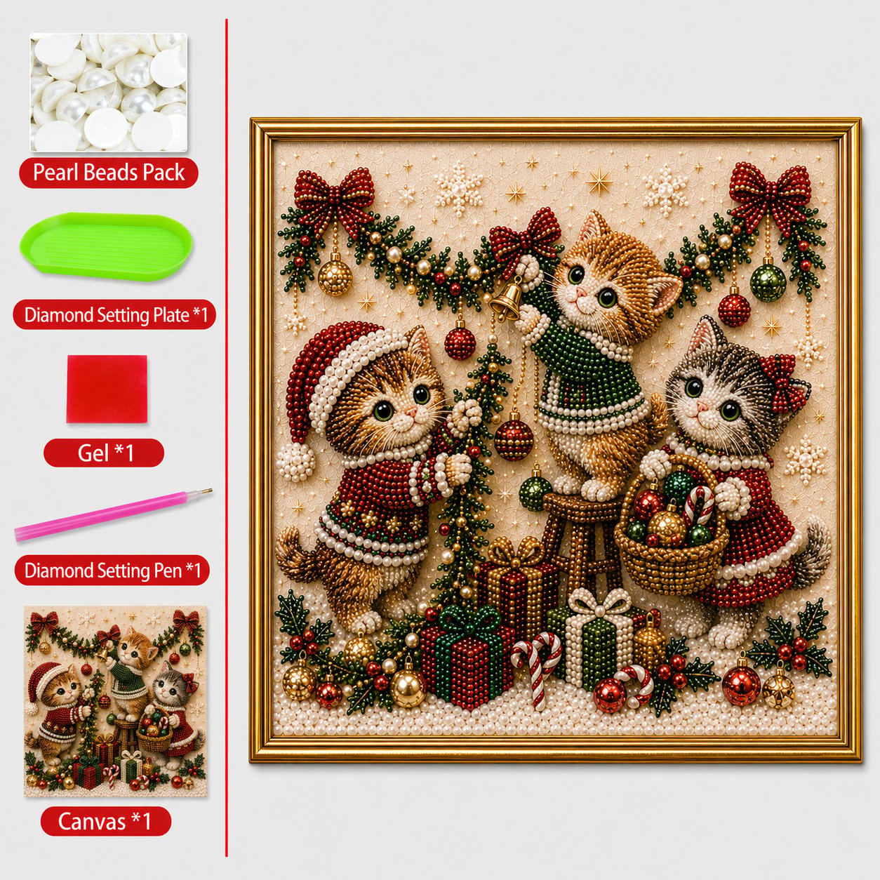 🎄🐾Premium 3D Pearl Christmas Kitty Art Kit | Luxury Flocked Canvas with Scratch-Resistant Non-Fading Pearl Beads DIY Holiday Decor 🎅🐱❄️