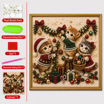 🎄🐾Premium 3D Pearl Christmas Kitty Art Kit | Luxury Flocked Canvas with Scratch-Resistant Non-Fading Pearl Beads DIY Holiday Decor 🎅🐱❄️