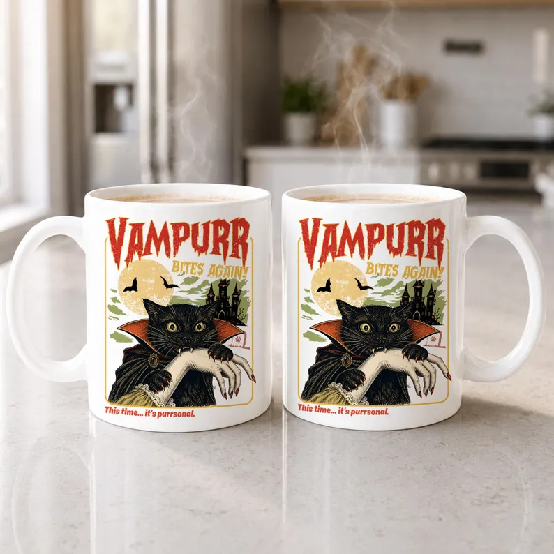TYII™ 11oz Vampurr Cat Halloween Mug – Funny Vampire Black Cat Coffee Mug, Spooky Gothic Gift for Cat Lovers