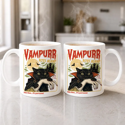 TYII™ 11oz Vampurr Cat Halloween Mug – Funny Vampire Black Cat Coffee Mug, Spooky Gothic Gift for Cat Lovers