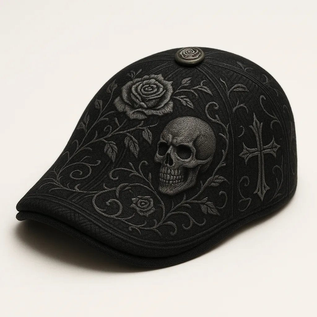 💀Handcrafted Skull & Thorn Flat Cap