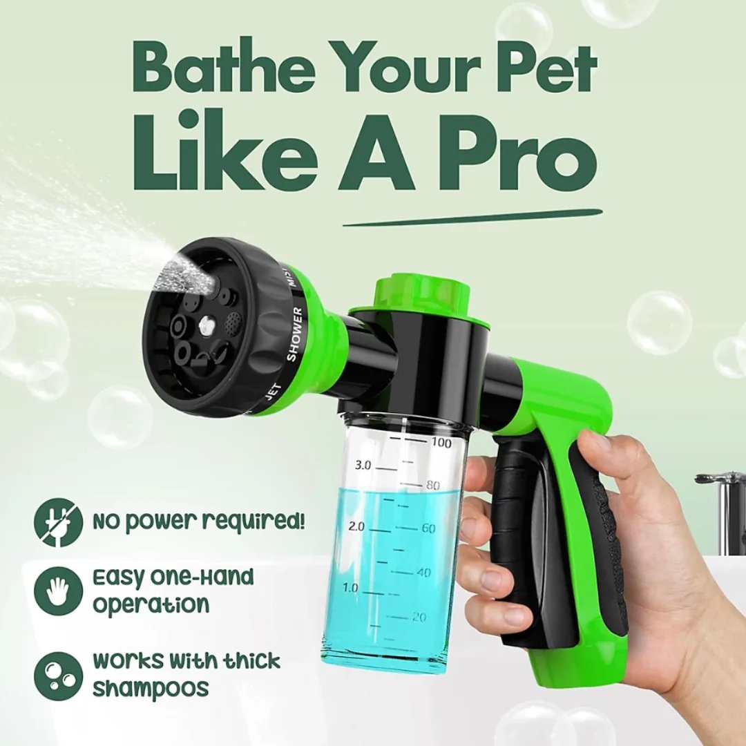 Pet Bath Spray Gun with Built-in Shampoo Dispenser | 8 Adjustable Spray Modes | Fits Standard 3/4" Garden Hose
